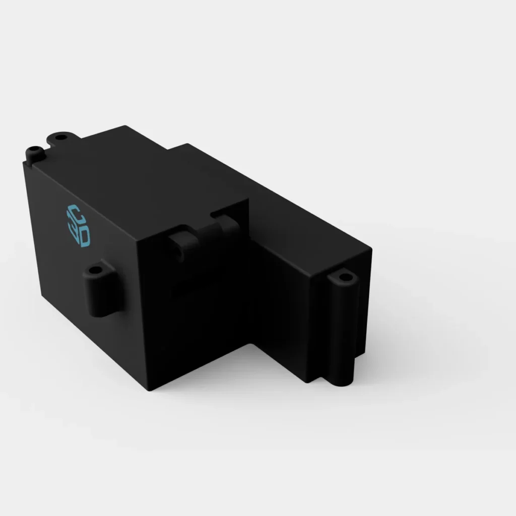 Three piece OFNA 18046 battery case assembled, angled view showing the mounting tabs and antenna port