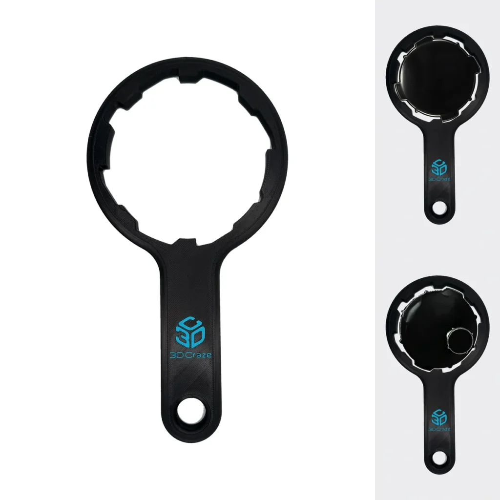 RV sewer cap wrench shown on its own and fitted to two styles of 3 inch cap